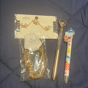 Gold Crystal Bracelet and Cute Pens Set